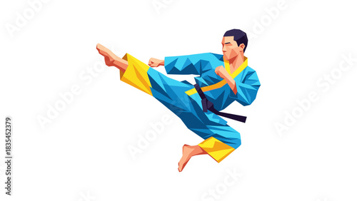 Geometric martial artist kicking in dynamic pose with polygonal design
