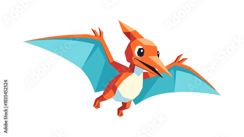 Colorful low poly pterodactyl flying with dynamic wings