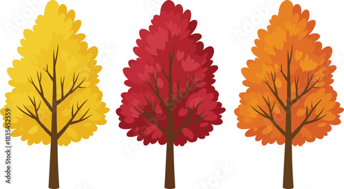Cartoon autumn trees with yellow, red, and orange foliage representing seasonal change, ideal for nature, fall, and educational themes.