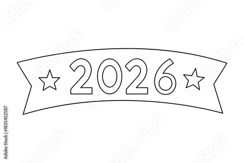 Upcoming year 2026 on decorative banner with stars, line art icon illustration