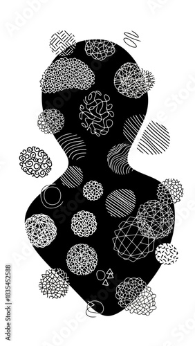 Abstract organic shape with diverse black and white doodle patterns representing complexity uniqueness and individual differences