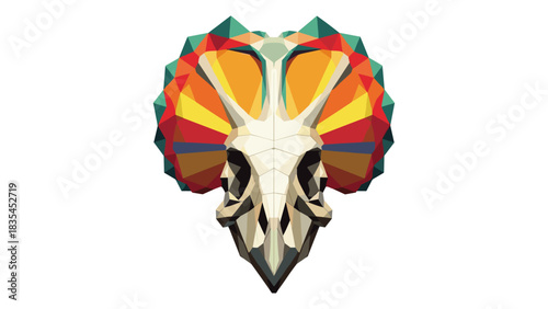Geometric triceratops skull with colorful polygonal design