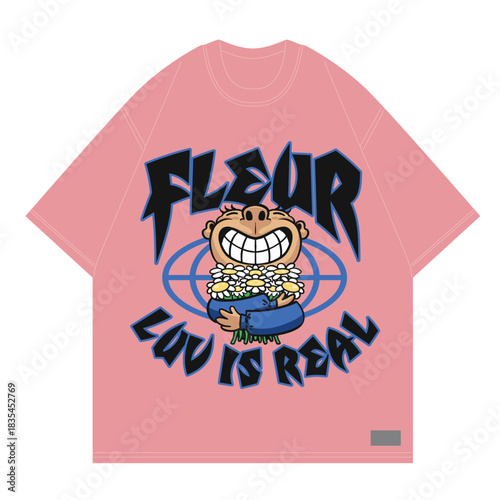 character hug a bouquet full of flower and smiling with word fleur luv is real for clothing street