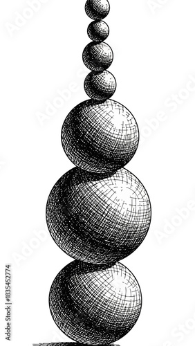 Hand drawn engraving illustration of seven vertically stacked spheres or balls decreasing in size detailed crosshatch pen and ink drawing depicting balance