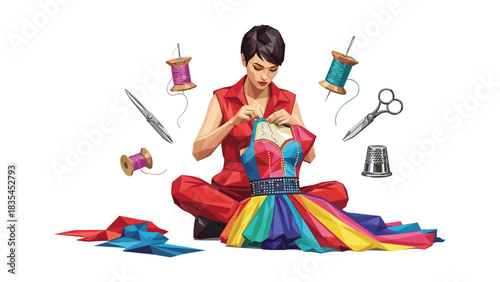 Seamstress creating colorful dress surrounded by sewing tools