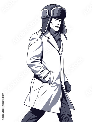 Man walking in winter coat and trapper hat on white background  
