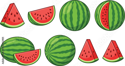 Fresh, sweet, and juicy whole watermelons and slices, featuring detailed illustrations of triangle wedges and half-moon cuts, perfect for summer fruit, food, 