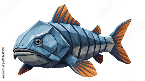 Geometric origami style fish in blue and orange on white background