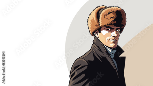Stylish man wearing a trapper hat and coat with neutral background  