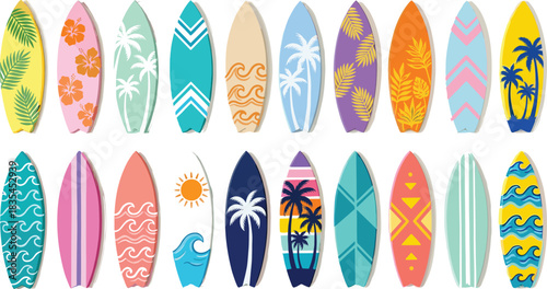 Tropical summer surfboards collection vector illustration set with beach palm trees ocean waves and exotic floral patterns for vibrant vacation surfing sports sticker graphic design, EPS