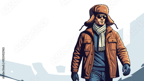 Man walking in winter clothing with hat and sunglasses against urban backdrop  