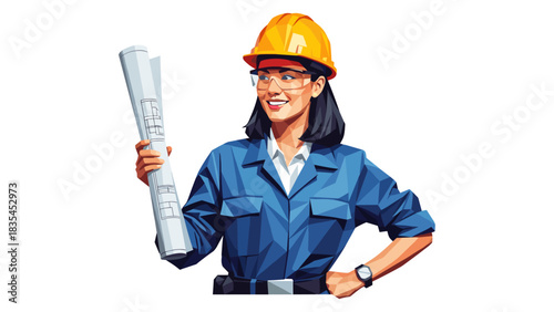 Confident female engineer in hard hat holding blueprint