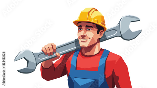 Smiling worker in hard hat with giant wrench: geometric artistic style