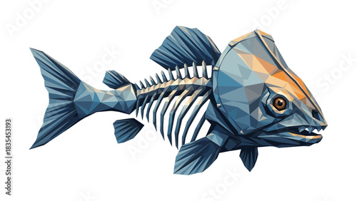 Geometric low poly fish skeleton in shades of blue and orange