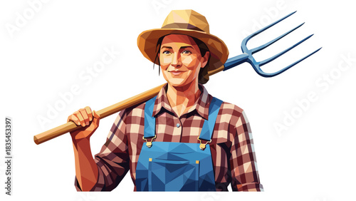 Polygonal farmer with pitchfork: modern geometric farm art