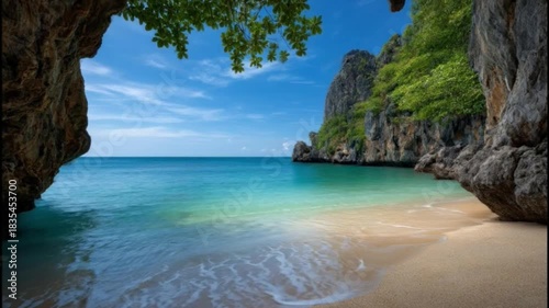 Beach cove with blue sea sand rock formations and vegetation under a blue sky with some clouds