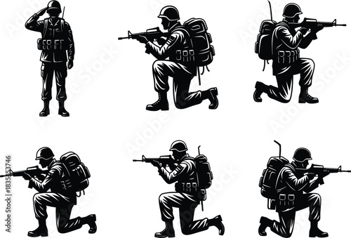 Silhouette Soldiers in Tactical Combat Poses – Military Rifle Stances, Army Training Illustration, Kneeling and Crouching Positions, Helmeted Troops with Backpack, Black and White Vector Clipart