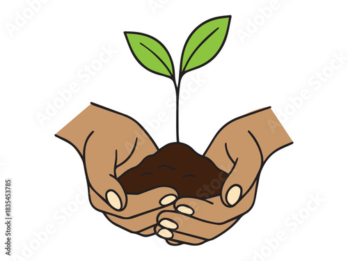 Illustration of two hands gently holding soil with a small growing plant. symbolizing sustainability, growth, nature care, reforestation, and environmental protection.