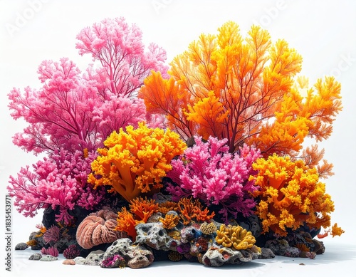 Vivid coral colony, pink and orange hues, against white