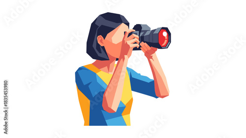 Vibrant geometric art of cameraperson capturing moments in low poly design