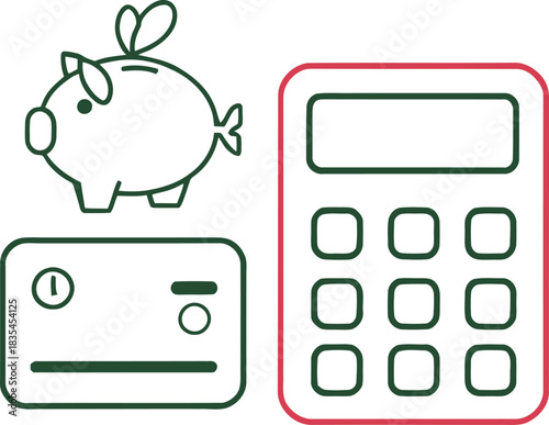 Outline icons illustrating financial management: a piggy bank for savings, a credit card for transactions, and a calculator for budgeting. Vector