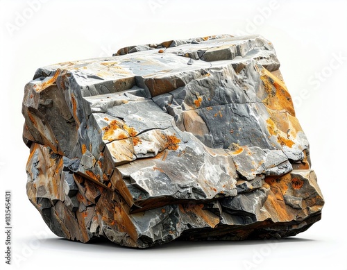 Angled grey rock with orange lichen, textured surface