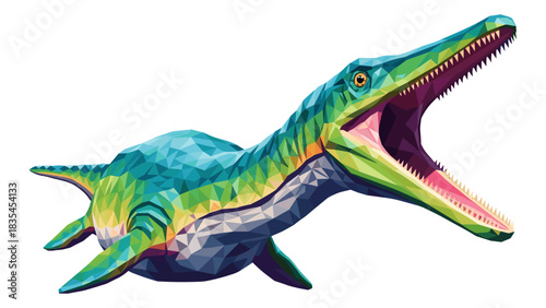 Colorful low poly marine dinosaur with open mouth