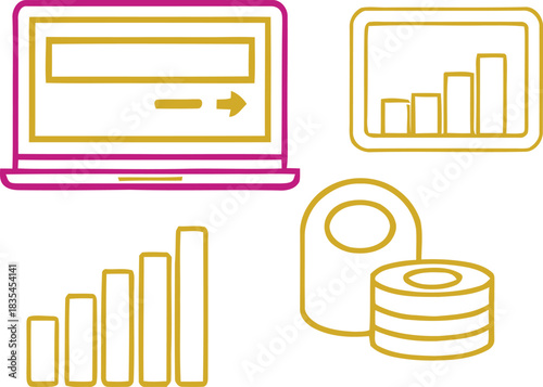 Digital technology vector icons: laptop, progress bar charts, and data storage elements. business analytics and connection concepts. Vector