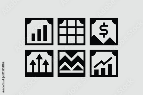 Collection of minimalist web icons depicting various financial trends and statistics in black and white design vector 