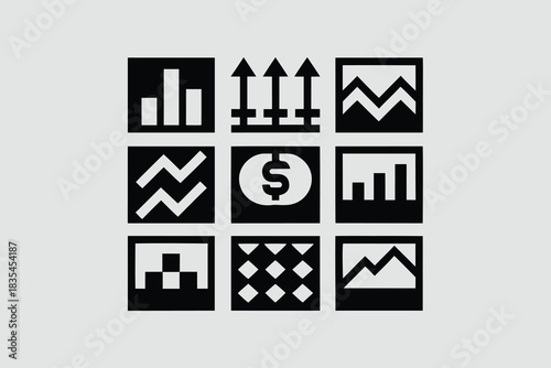 Collection of minimalist web icons depicting various financial trends and statistics in black and white design vector 
