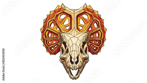 Geometric triceratops skull with vibrant orange detailing