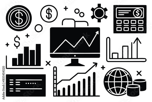 Collection of minimalist web icons depicting various financial trends and statistics in black and white design vector 