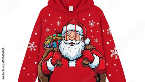Festive red hoodie featuring a cheerful cartoon santa claus carrying a sack full of colorful gifts and surrounded by snowflakes for holiday apparel design