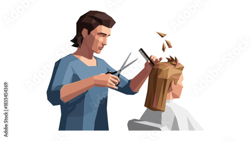 Low poly barber scene with hairstylist cutting hair using scissors and comb