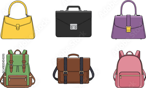 Collection of stylish handbags and backpacks in various colors and designs – fashion accessory illustration for retail and branding