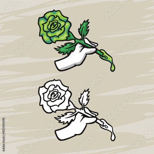 hand holding rose green like toxic bleeding from the flower unique and artsy
