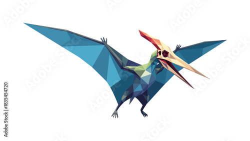 Geometric polygonal pterodactyl art with vibrant colors and abstract design