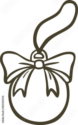 Round ball with a bow, hanging Christmas tree ornament, outline doodle style.