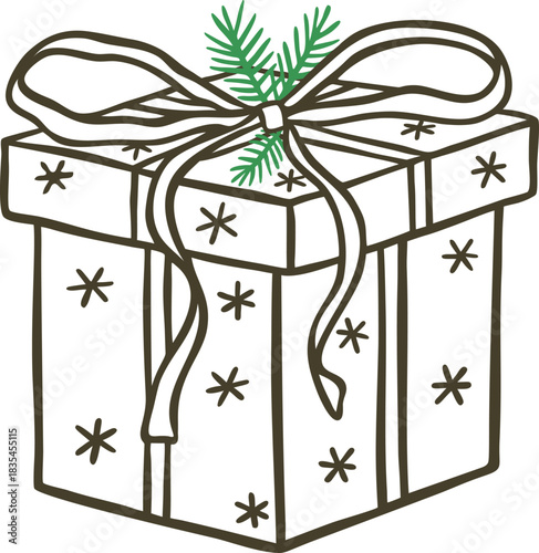 A snowflake-adorned gift box, tied with a bow and a spruce branch, monochrome doodle style.
