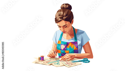 Colorful geometric style woman sewing with thread and needle