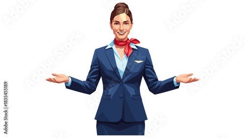 Friendly flight attendant in uniform with welcoming gesture
