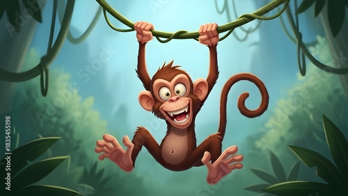 Cheerful Cartoon Monkey Swinging on a Jungle Vine perfect for Children's book illustration, game design, website banner, educational material, party invitations