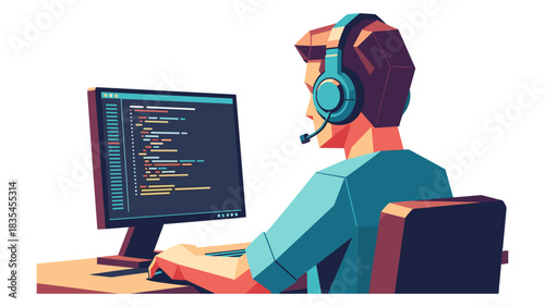Colorful geometric style programmer coding at desk with headset