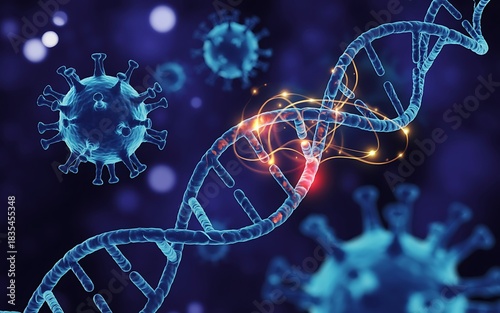 DNA strand and virus particles in a scientific visualization