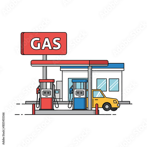 Illustration of a gas station with a yellow car and two pumps