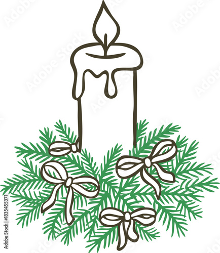 Burning candle decorated fir tree twigs and ribbon bows, vector doodle Happy New Year and Christmas holiday decoration