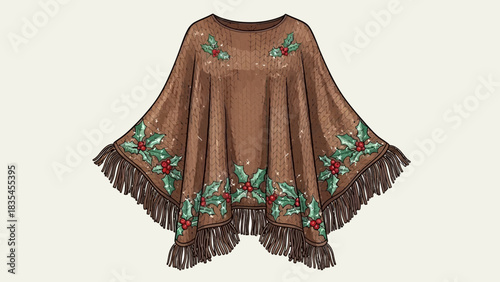 Cozy brown knitted poncho adorned with festive holly berry and leaf embroidery and fringed hem for winter holidays and christmas celebrations