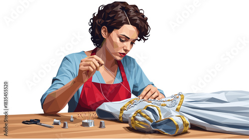 Low poly art of seamstress hand sewing elegant dress with precision
