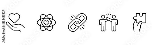 Heart, love, care, help, charity, and donation outline icons are set isolated on a white background in a flat vector illustration.