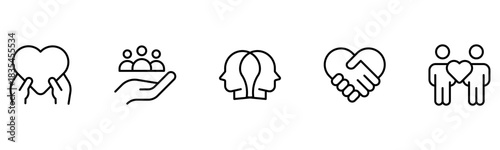 Heart, love, care, help, charity, and donation outline icons are set isolated on a white background in a flat vector illustration.